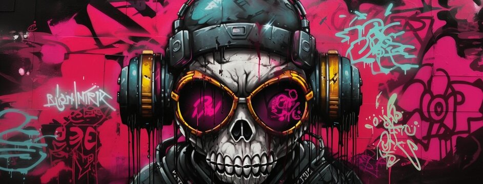 AI generated illustration of a skeleton wearing headphones in a graffiti art style