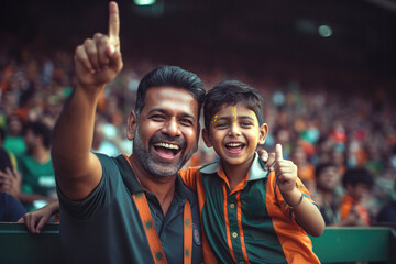 Indian man watching match with his son at stadium - obrazy, fototapety, plakaty