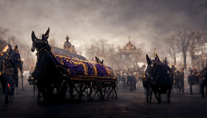 royal funeral horses black violet coffin on artillery carriage guardians march environment 3d low angle hyper realistic cinematic photorealism extreme detail fine detail unreal enginecorona render 