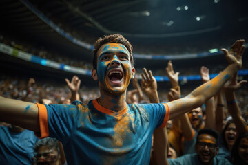 young man and excited audience celebrating and screaming while watching cricket match at stadium - Powered by Adobe
