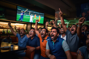 excited audience celebrating and screaming while watching cricket match at stadium. - obrazy, fototapety, plakaty