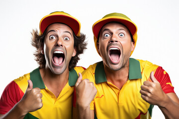 Two men in yellow color jersey on white background