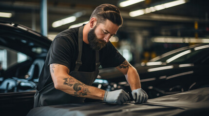 Obraz premium Car wrapping specialist putting vinyl foil or film on car. Selective focus.