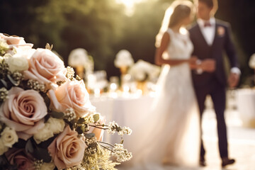 Wedding ceremony and celebration, bride and groom at a beautiful outdoor venue on a sunny day, luxury wedding decor with flowers and bridal bouquet, generative ai