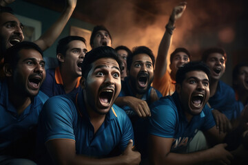 young man and excited audience celebrating and screaming while watching cricket match at stadium