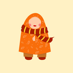 Cute girl illustration in winter scarf and orange warm sweater feels very cold.
