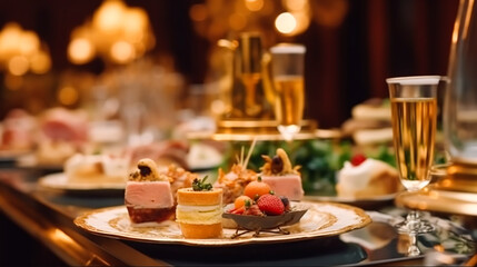 Fototapeta na wymiar Luxury food service, appetisers and desserts served at a restaurant or formal dinner event in classic English style in the luxurious hotel or country estate, generative ai