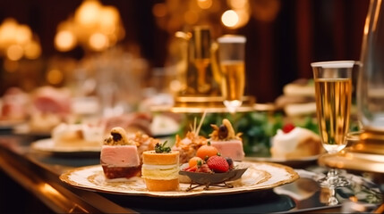 Luxury food service, appetisers and desserts served at a restaurant or formal dinner event in classic English style in the luxurious hotel or country estate, generative ai