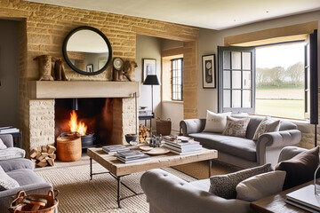 Fototapeta premium Modern cottage sitting room decor, interior design, living room furniture in neutral colours and fireplace, home decor in elegant English country house style, generative ai