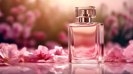 Luxurious floral scent, fragrance bottle and pink flowers, perfume commercial in flower garden, bespoke perfumery and beauty product sale, generative ai