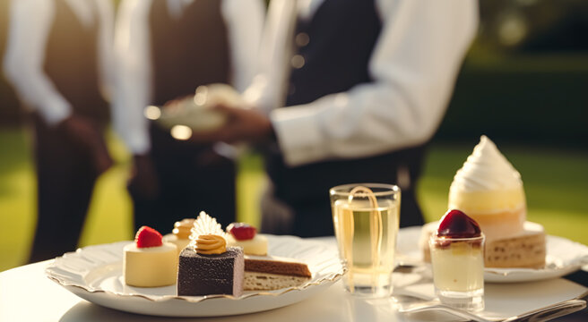 Luxury food service, desserts by a waiter at a wedding celebration or formal event in classic English style at luxurious hotel or country estate, generative ai