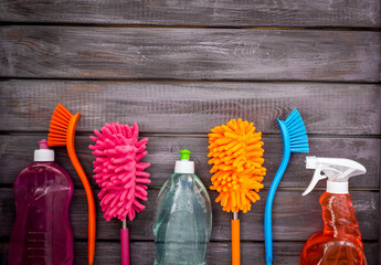 Various cleaning iteams and supplies for housework, cleaning house - obrazy, fototapety, plakaty