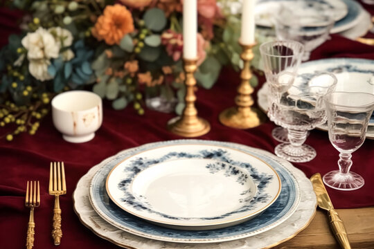 Formal holiday tablescape with blue decor, dinner table setting, table scape with elegant tableware and dinnerware for wedding party and event, generative ai