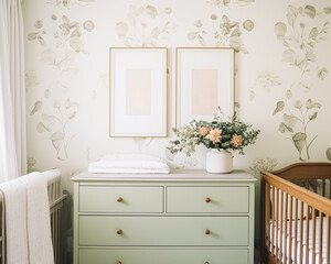 Nursery wall art, home decor and framed art in the English country cottage interior, room for diy printable artwork mockup and print shop