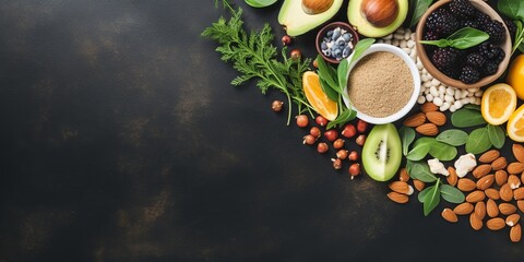 Engage in healthy cooking with a vibrant flat lay, featuring fresh fruits, nuts, and seeds, beautifully arranged with thoughtful empty space, viewed from above. - obrazy, fototapety, plakaty