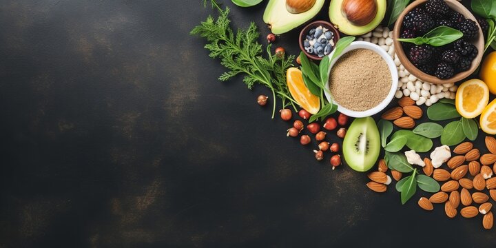 Engage In Healthy Cooking With A Vibrant Flat Lay, Featuring Fresh Fruits, Nuts, And Seeds, Beautifully Arranged With Thoughtful Empty Space, Viewed From Above.