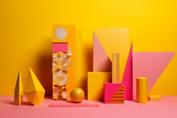 Vibrant, artistic composition featuring yellow and pink geometric shapes on a yellow backdrop. Captures the essence of geometric backgrounds. Generative AI