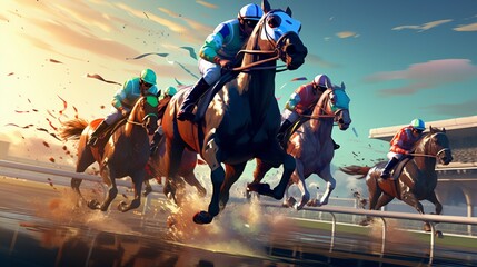 Dive into the electrifying world of pixel-perfect horse racing where only the fastest prevail.  - obrazy, fototapety, plakaty