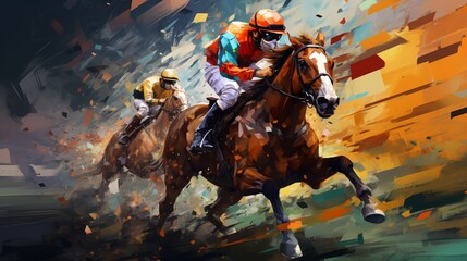 Dive into the world of horse racing where pixelated champions compete for pixel-perfect glory.  - obrazy, fototapety, plakaty