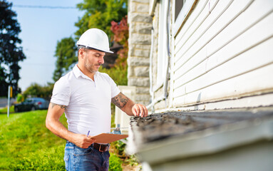 man with a white hard hat holding a clipboard, inspect house