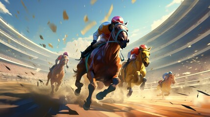 Dive into the world of virtual horse racing where pixelated champions compete with unmatched intensity.  - obrazy, fototapety, plakaty