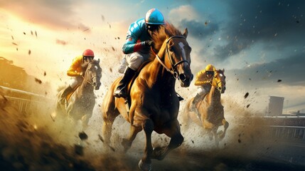 Experience the thrill of high-stakes horse racing like never before in stunning 8K quality.  - obrazy, fototapety, plakaty