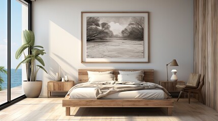 Mockup frame in cozy beige bedroom interior background.