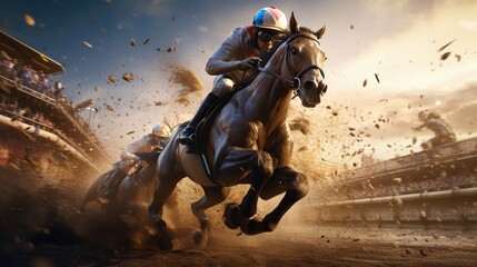 Experience the thrill of horse racing in a hyper-realistic virtual environment that will leave you in awe.  - obrazy, fototapety, plakaty