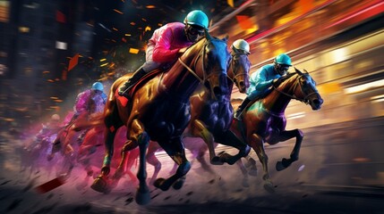 Experience the thrill of pixel-perfect horse racing in a futuristic world of unparalleled excitement.  - obrazy, fototapety, plakaty