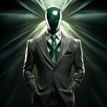 A man in a business suit and a green superhero mask and a green cream on his chest stands against an abstract background folded into a cross, assistant in Excel