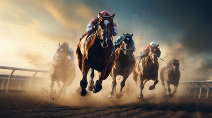 Feel the excitement build as engineered horses gallop towards the finish line in a race for glory.  - obrazy, fototapety, plakaty