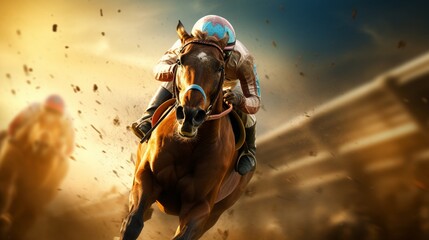 Feel the ground tremble beneath your feet as virtual equine athletes sprint towards glory in the ultimate race.  - obrazy, fototapety, plakaty