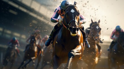 Feel the pulse-pounding intensity as crafted racehorses give it their all on the digital racetrack.  - obrazy, fototapety, plakaty