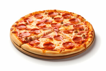 focused shot of a pizza on white background. Generative Ai
