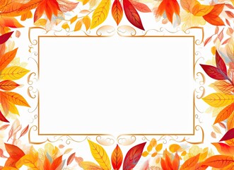 Autumn photo frame on a white background with yellow, orange, and red leaves, perfect for adding text. Generative AI