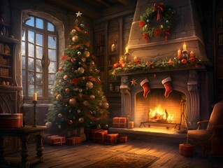AI generated illustration of A cozy living room with a crackling fireplace and Christmas presents - obrazy, fototapety, plakaty