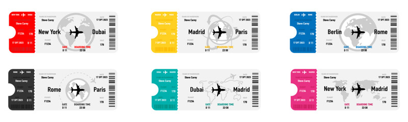 Airline ticket templates. Plane tickets illustration. Flight boarding pass collection. Airway ticket set. Airline coupons. Vector Illustration. Vector graphic. EPS 10 - obrazy, fototapety, plakaty