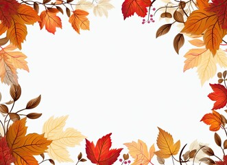 Autumn photo frame on a white background with yellow, orange, and red leaves, perfect for adding text. Generative AI