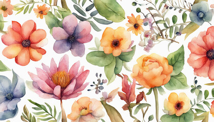 illustration of different of species watercolor flowers and leaves