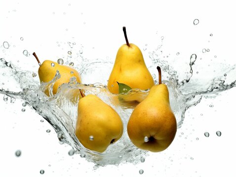AI generated illustration of yellow pears with splashes of water