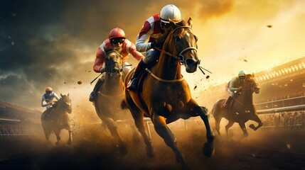 Immerse yourself in the world of high-stakes horse racing, where driven competitors vie for glory.  - obrazy, fototapety, plakaty