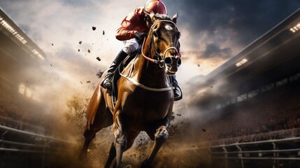 Immerse yourself in the world of virtual horse racing where the pursuit of victory knows no bounds.  - obrazy, fototapety, plakaty