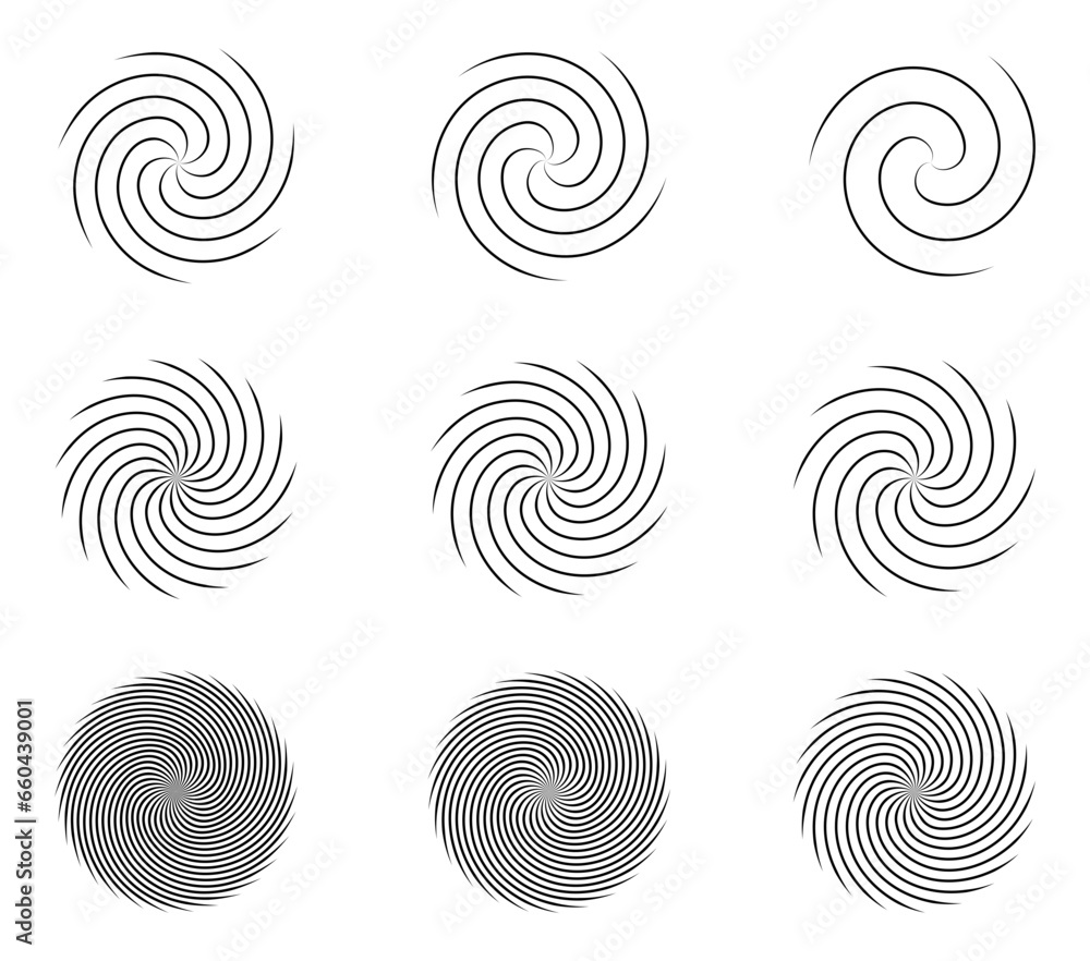 Poster spiral and swirl motion twisting circles design element set. vector illustration.