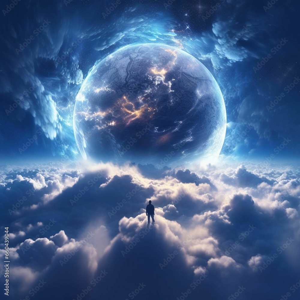 Wall mural ai generated illustration of a man in the clouds surrounded by a universe of stars with a globe