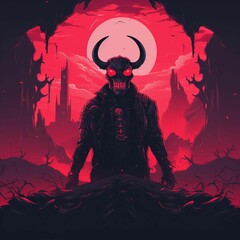 AI generated illustration of a spooky figure with horns on a red background - obrazy, fototapety, plakaty