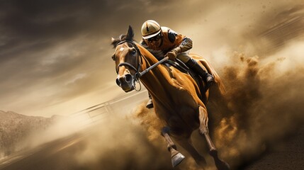 Join the virtual crowd and witness the extraordinary speed and agility of crafted racehorses.  - obrazy, fototapety, plakaty