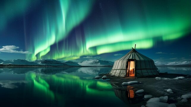 AI generated illustration of a traditional yurt under aurora borealis by a lake