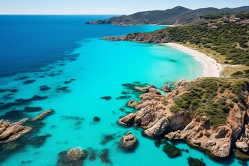 Aerial view of breathtaking Ira beach on stunning Sardinia's Emerald Coast with crystal-clear turquoise sea. Generative AI - obrazy, fototapety, plakaty