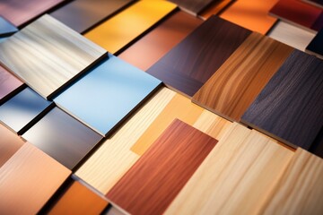 Vibrant floor covering and wooden laminate samples for furniture and flooring materials. Generative AI