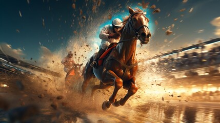 Prepare to be spellbound by the virtual spectacle of high-speed horse racing brought to life.  - obrazy, fototapety, plakaty
